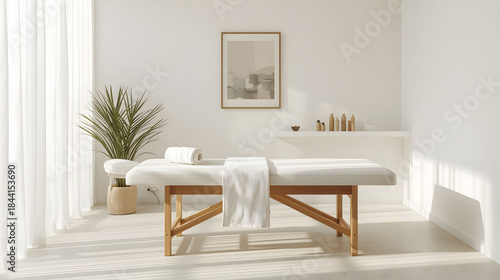 Minimal spa massage room with wooden table, white towel and soft natural light, calm wellness interior design for relaxation and therapy concept
