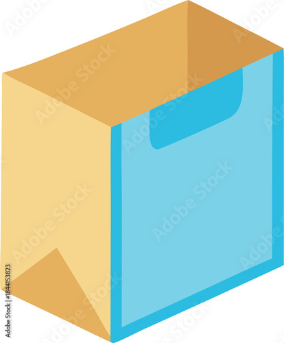 Isometric illustration of an open cardboard storage box with a blue front panel