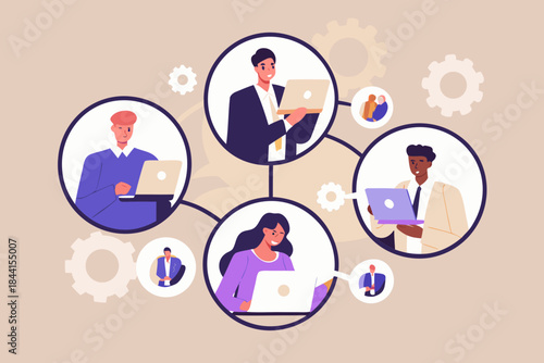 Connected professionals collaborating remotely using technology in a network illustration