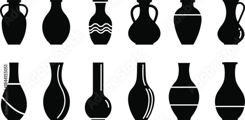Collection of Diverse  vector illustration icon Black Ceramic Vase Silhouettes