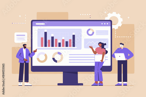 Team collaborating on data analysis and visualization using a large computer screen