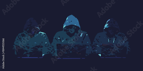 Three shadowy figures wearing hooded garments appear in a dark abstract illustration