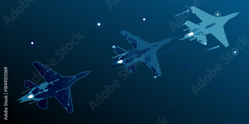 Digital illustration of three fighter jets soaring through a dark blue sky