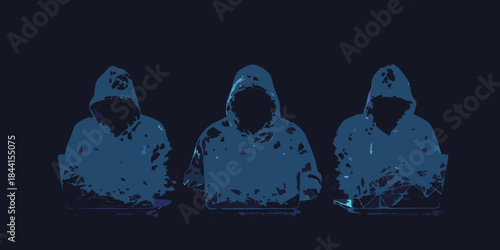 Three hooded figures intently typing on illuminated laptop computers in darkness