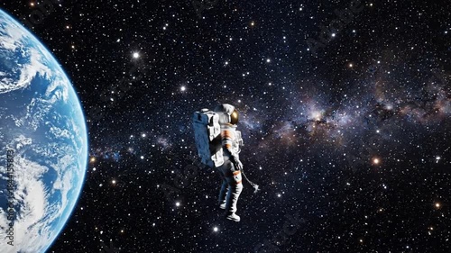 Lone astronaut tethered in starry expanse