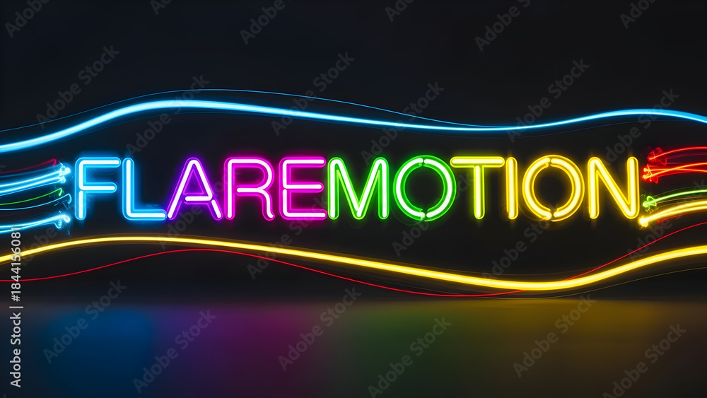 Naklejka premium Vibrant neon text flaremotion with dynamic light streaks and reflections