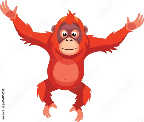 An orangutan with arms outstretched displaying a cheerful and welcoming pose with a slight grin