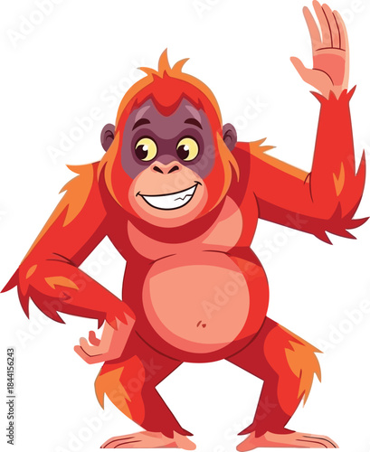 A cheerful orangutan cartoon character waving its hand with a friendly expression