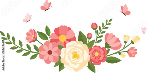 Springtime illustration of a gentle floral arrangement decorated with flying butterflies