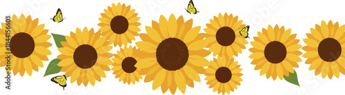 A decorative illustration of bright yellow sunflowers and playful butterflies arranged as a border