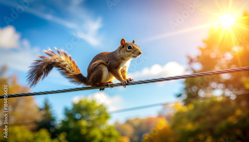 A lively squirrel perches on a power line against a brilliant blue sky, bathed in warm sunlight. Nature's balancing act in the autumn air.