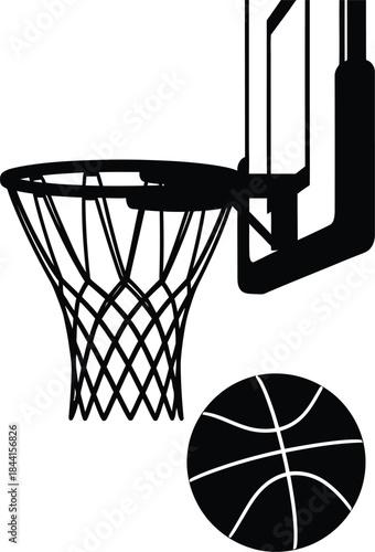 A simple black and white illustration of a basketball hoop and basketball on white background