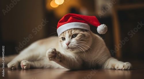 Adorable feline wearing a Santa hat, laying on a wooden floor, with soft bokeh background