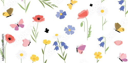 A beautiful seamless pattern with colorful spring flowers and butterflies