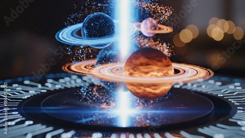 Digital planets with rings orbiting light beam over futuristic circuit interface cosmic technology advanced science concept
