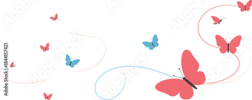 A beautiful illustration of pink and blue butterflies flying in a decorative pattern on a clean white background