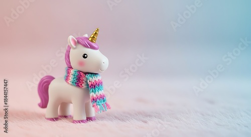 Adorable figurine of a white unicorn with a purple mane, tail, and scarf