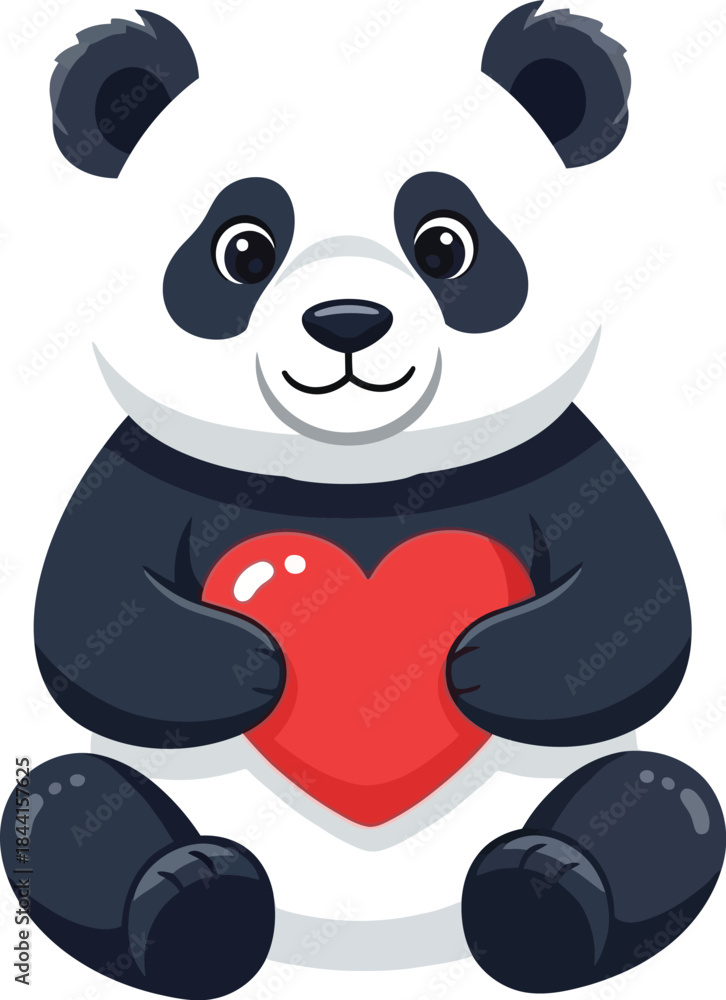 Naklejka premium A charming cartoon panda bear lovingly holds a bright red heart in its paws
