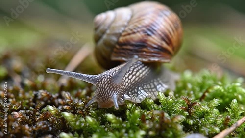 Garden snail moving slowly across green moss in natural habitat macro view of animal tentacles