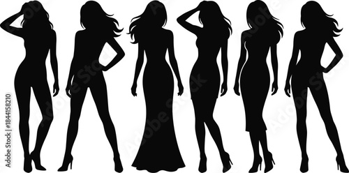 Elegant female fashion silhouettes posing confidently expressing beauty style glamour femininity isolated on white background illustration