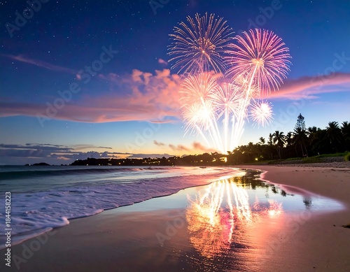Colorful fireworks illuminate a tranquil beach at dusk (1)