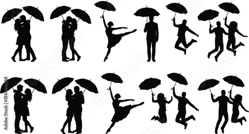 People silhouettes holding umbrellas dancing and embracing in rain expressing romance joy freedom isolated on white background illustration