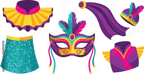 Colorful carnival masks hats and costumes isolated on a white background festive celebration theme