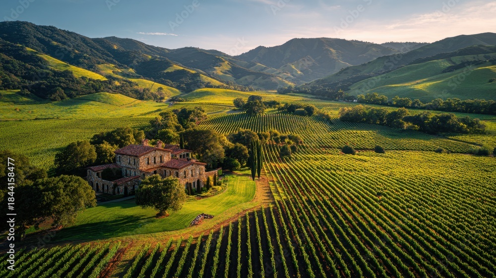 Obraz premium Vineyard Estate Panorama: A stunning landscape unfolds, showcasing a meticulously maintained vineyard and a grand estate nestled amidst rolling hills. The vibrant greenery.