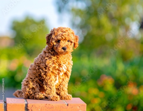 Adorable, fluffy, brown puppy sits on a brick structure with blurred green foliage