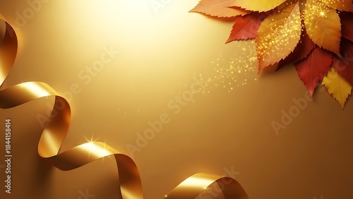 Golden Ribbon and Autumn Leaves: a delicate composition of a golden ribbon gracefully curves, alongside vibrant autumn leaves sprinkled with sparkles, set against a luxurious gold backdrop.