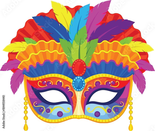 A vibrant carnival mask adorned with colorful feathers and intricate golden details is displayed