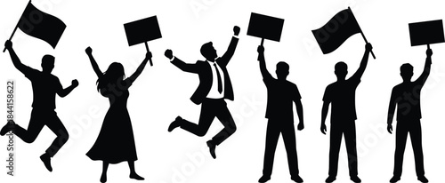 Protestor silhouettes holding banners and flags expressing unity freedom demonstration activism isolated on white background social movement concept