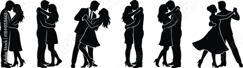 Romantic couple silhouettes dancing and embracing expressing love passion elegance relationship isolated on white background illustration