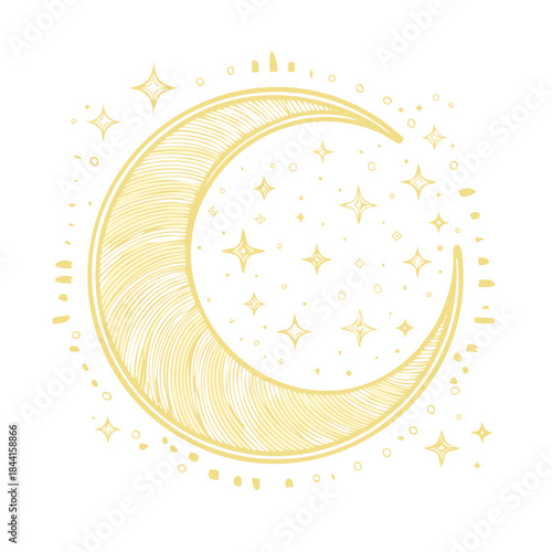 Elegant Crescent Moon and Star Ornament Illustration: Celestial Body, Hand-Drawn, Astrological Symbol, Gold on White