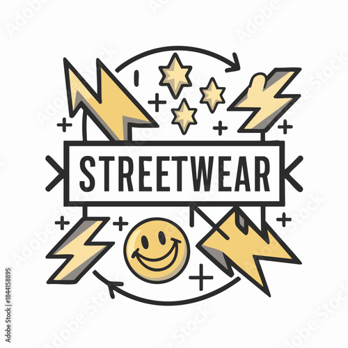 Streetwear Vector Design with Lighting Bolts, Stars, and Smiley Face
