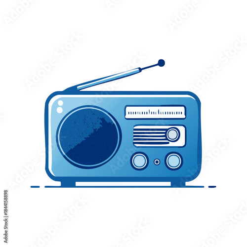 Retro Blue Radio Receiver with Antenna in Vector Illustration, Vintage Electronic Equipment Design