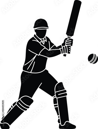 Silhouette of a cricketer preparing to hit a cricket ball with a bat