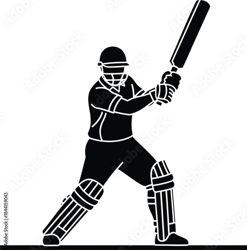 A silhouette of a cricket batsman in full gear poised to hit the ball