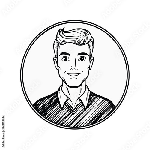 Charming Young Man Portrait with a Confident Smile, Ink Illustration in Retro Style within a Circular Frame