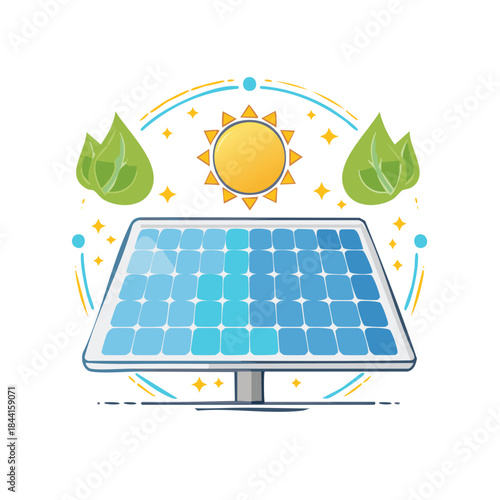 Solar Panel with Sun and Leaves Emphasizing Eco-Friendly Energy Production and Sustainability