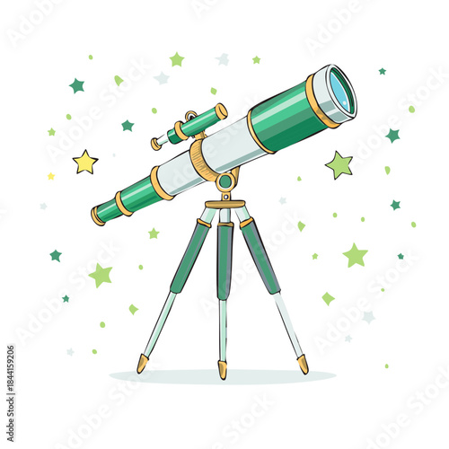 Illustration of a Green Telescope on a Tripod with Decorative Star Elements for Scientific Discovery and Exploration