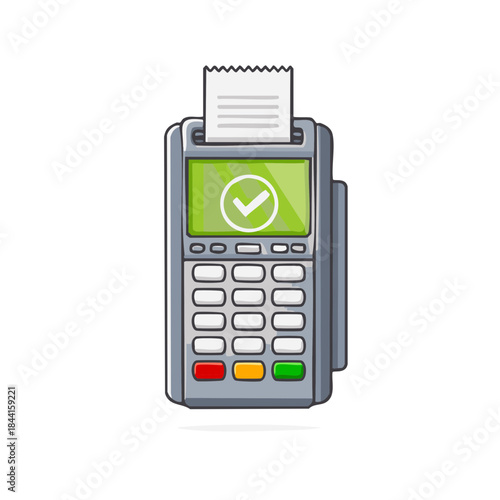 Payment Terminal with Green Checkmark on Screen and Printed Receipt Illustrating Successful Transaction