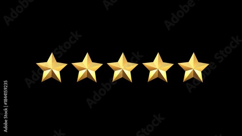 5 Star Rating Gold 3D Animation Transparent Background.  
High-quality 3D animation of five golden stars symbolizing rating, review, quality, and customer satisfaction.