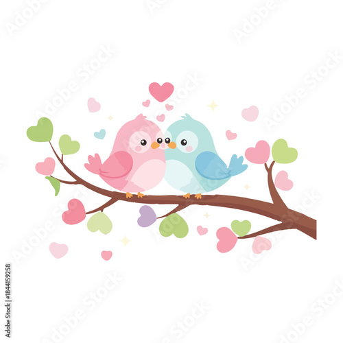 Adorable Cartoon Lovebirds Kissing on a Branch with Colorful Hearts for Romantic Valentine's Day Design