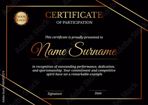 Bold participation certificate with black background, gold borders, and sportsmanship recognition.
