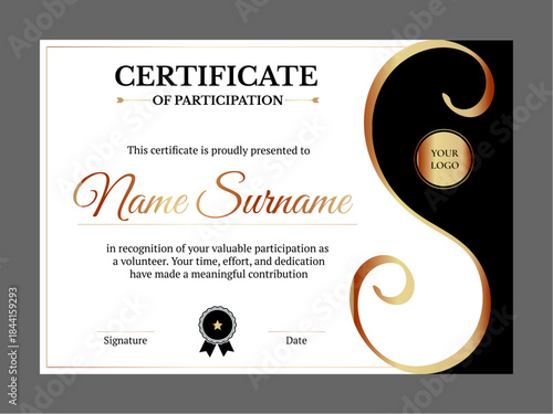 Elegant participation certificate with gold swirl design and volunteer recognition text.