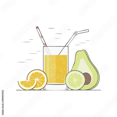 Refreshing citrus and avocado smoothie drink still life arrangement illustration