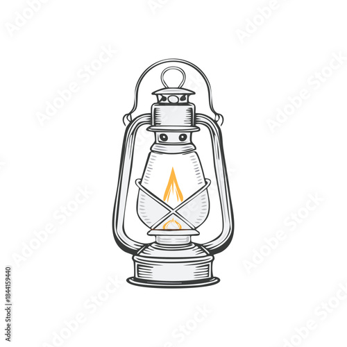 Antique kerosene lamp illuminates the darkness, vintage lantern glows with warmth, hand drawn illustration with light