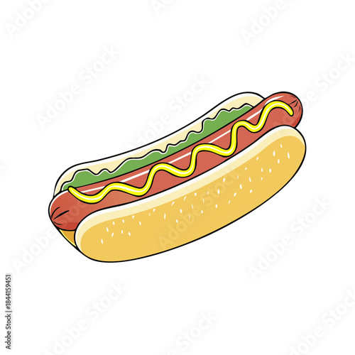 Illustration of a classic hotdog with mustard and relish in a sesame seed bun for restaurant menu design