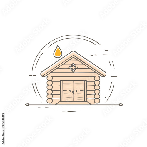 Stylized Wooden Sauna Building Illustration with Steam Drop. Traditional Bathhouse in Linear Design
